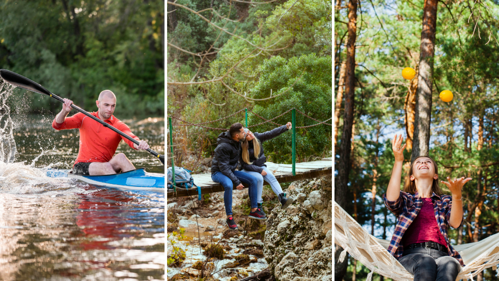 people enjoying outdoor activities like kayaking and hiking
